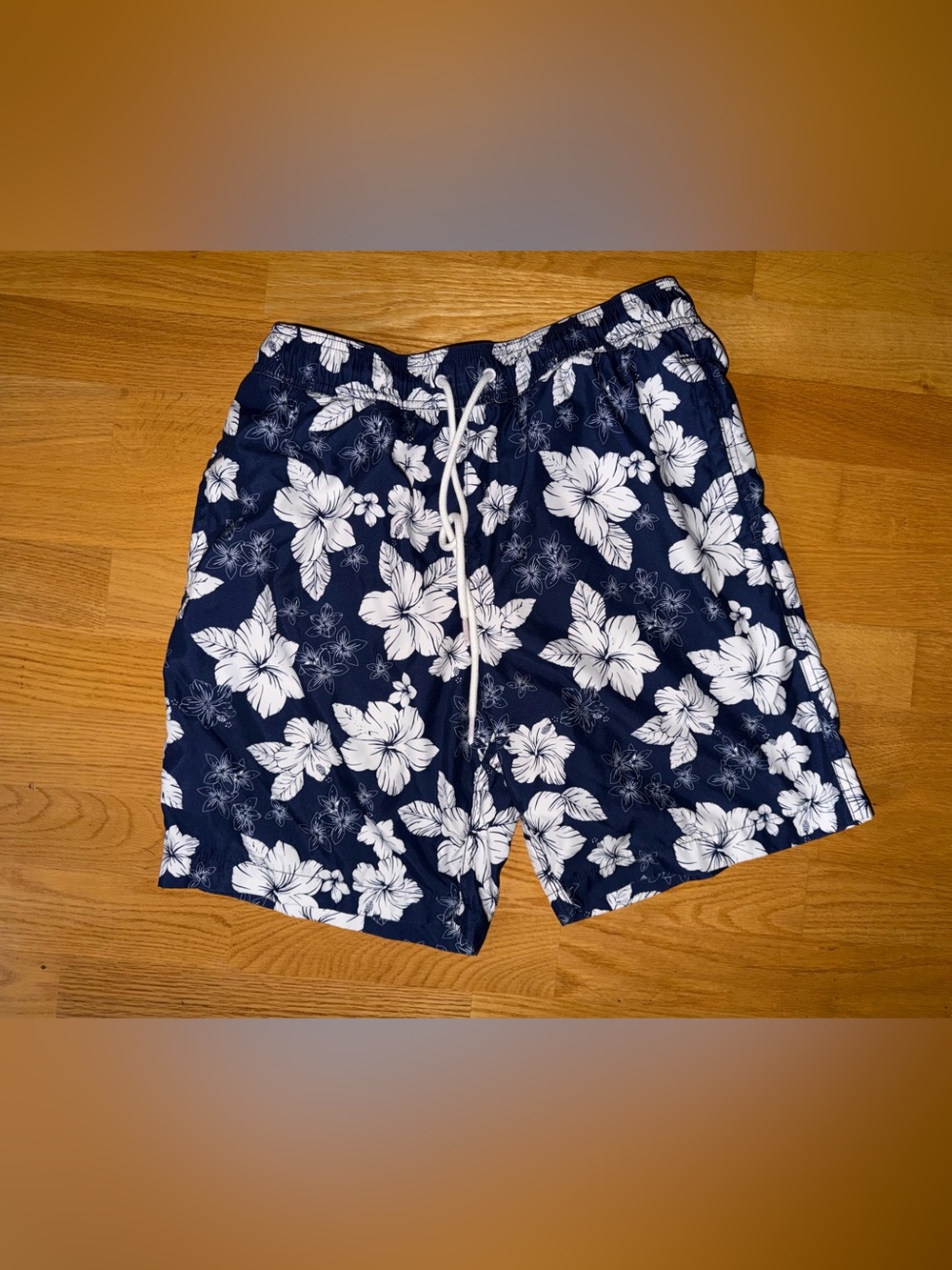 Amazon Essentials Navy and White Floral Swim Trunks